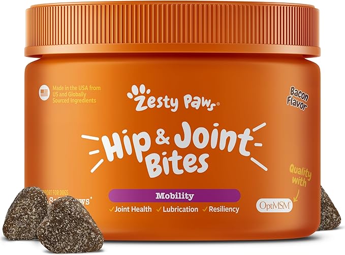 Zesty Paws Hip and Joint for Dogs, Glucosamine for Dogs Hip and Joint Supplement with Chondroitin, MSM, Vitamins C & E - Bacon, 50 Count