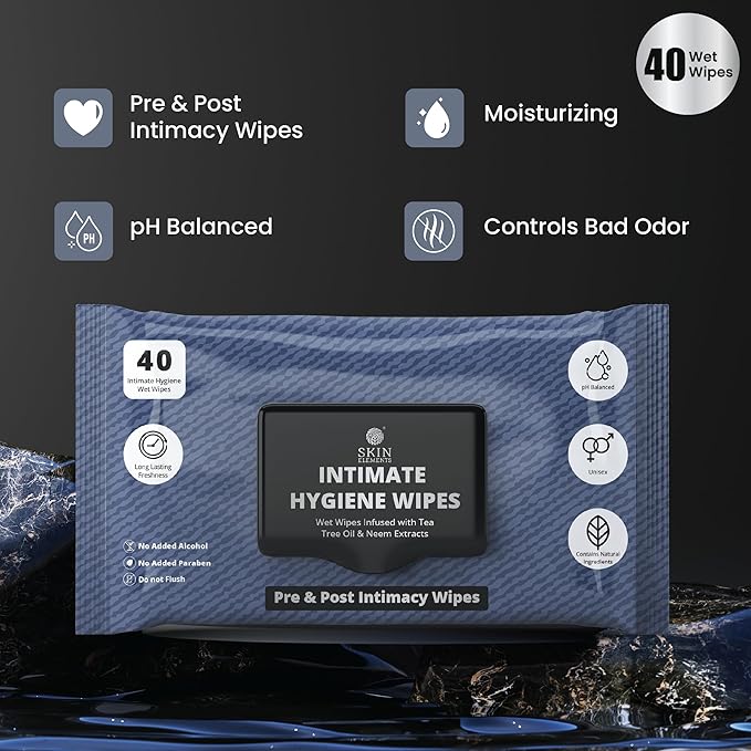 Skin Elements Intimate Hygiene Wipes | Unisex | pH Balanced Wet Wipes | Tea Tree Oil & Neem Extracts | 40 Intimate Hygiene Wet Wipes | For Pre and Post Intimacy