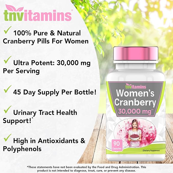 tnvitamins Cranberry Pills for Women: 600 mg of 50:1 Cranberry Concentrate Extract - 90 Capsules | Urinary Tract Health & Support* | Supplement for Women | Non-GMO | Made in the USA!