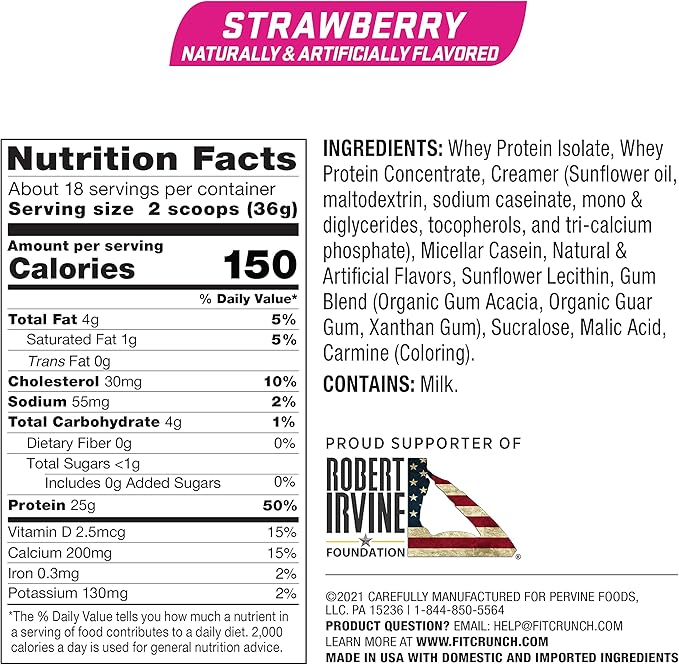 Fit Crunch Tri-Blend Whey Protein, Keto Friendly, Low Calories, High Protein, Gluten Free, Soy Free (18 Servings, Strawberry)