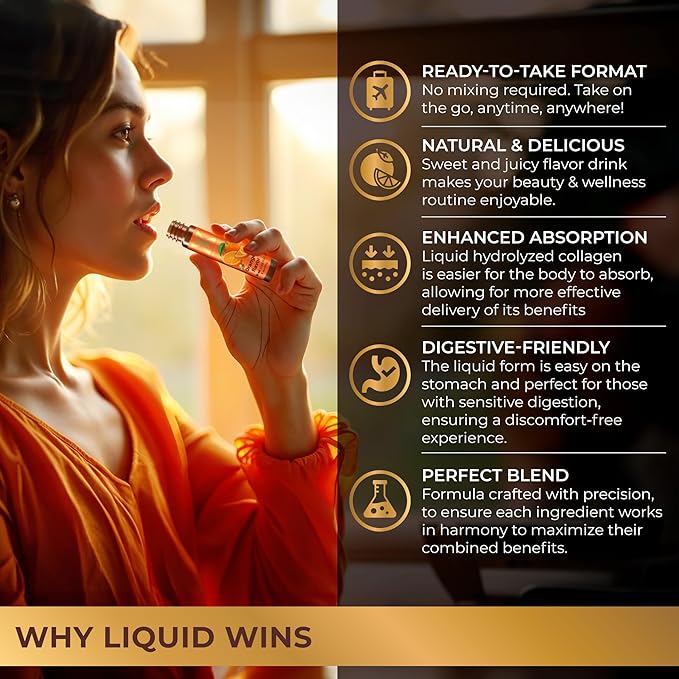 Liquid Collagen Peptides with Biotin & Hyaluronic Acid - 3000mg Hydrolyzed Collagen Type 1 and 3, Biotin 10000mcg, Vitamins B5, B6, C & E - Liquid Collagen Shots for Women and Men