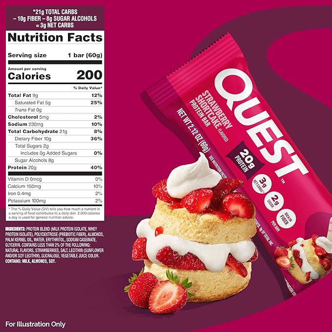 Quest Nutrition Protein Bars, Strawberry Shortcake, 20g Protein, 2g Sugar, 3g Net Carbs, 10g Fiber, Gluten Free, 12 Count