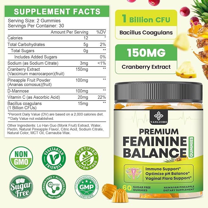 Feminine Balance Probiotic Gummies - Women's Vaginal Health Support | PH Balance & Odor, Flora, Immune Support | Probiotics for Women, Vegan Pineapple Flavor, 120 Count