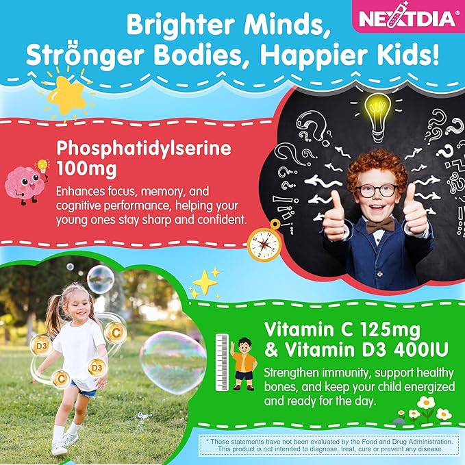 Phosphatidylserine Supplement 100mg, Focus Gummies for Kids Teens + Vitamin C & D3 400IU, Sugar Free Kids Brain Gummies Increase Attention & Concentration, Chewable, Vegan, Gluten Free, Non-GMO 2 Pack