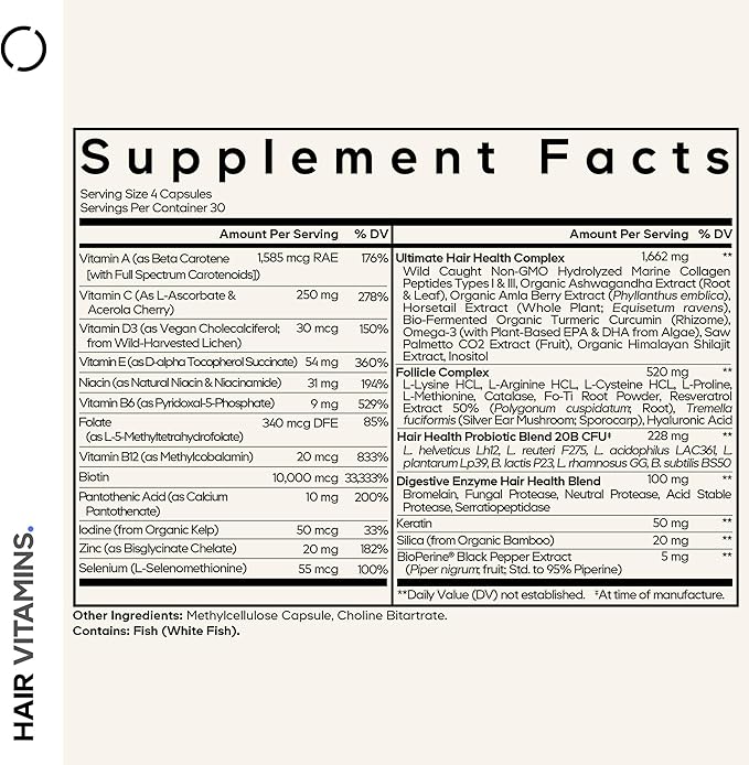 Codeage Hair Vitamins 10000 mcg Biotin, Keratin, Collagen, Vitamin A, B12, C, D3, E, Zinc, Turmeric, Probiotics, Enzymes, Inositol - Hair Care Support - Healthy Hair Supplement Pills - 120 Capsules
