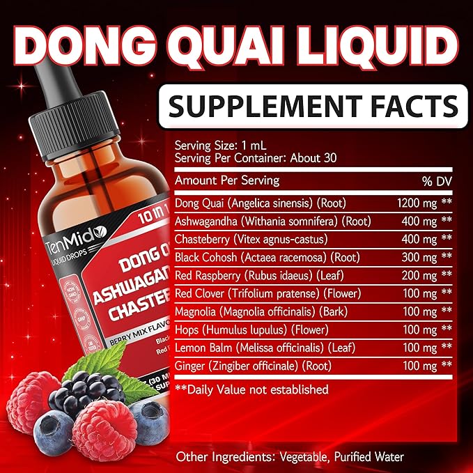 10in1 Liquid Dong Quai Supplement for Women with Ashwagandha, Chasteberry, Black Cohosh, Red Clover, Magnolia, Red Raspberry, Hops Flower, Lemon Balm, and Ginger - 30ml 1 Fl Oz