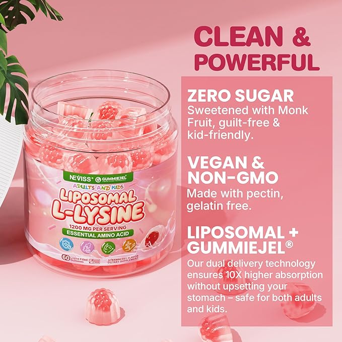 Liposomal L-Lysine Gummies 1200mg | High Absorption Immune & Skin Support | Vegan Amino Acid Supplement for Adults & Kids | Lips & Oral, Bone & Collagen Health | Non-GMO, Sugar-Free, 60 Gummies