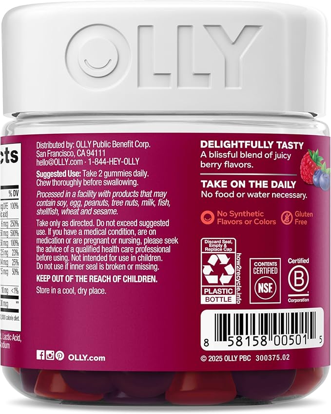 OLLY Women's Multivitamin Gummy, Vitamins A, D, C, E, Biotin, Folic Acid, Adult Chewable Vitamin, Berry Flavor, 45 Day Supply - 90 Count