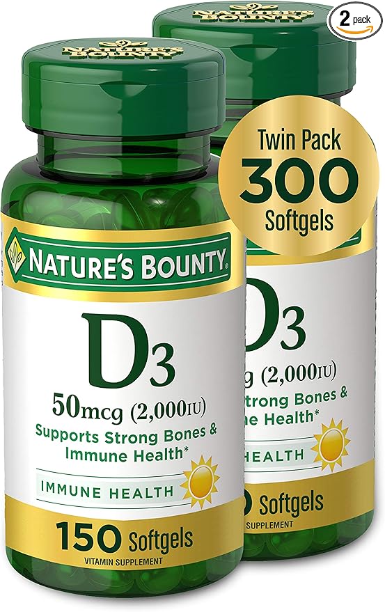 Nature's Bounty Vitamin D3, Supports Immune System and Bone Health, 50mcg, 150 Softgels (Pack of 2)