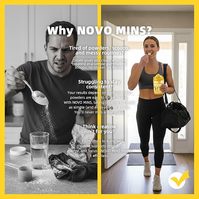 novomins Creatine Monohydrate Gummies for Men & Women, Chewables Creatine Monohydrate for Muscle Strength, Muscle Builder, Energy Boost, Pre-Workout Supplement(90 Count)-Pineapple Flavor.