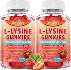 2 Pack L-Lysine 1000mg Gummies, Chewable Lysine Supplement for Adults & Kids, Essential Amino Acid Supplement for Immune Support, Collagen Formation Support, Strawberry, 120 Count