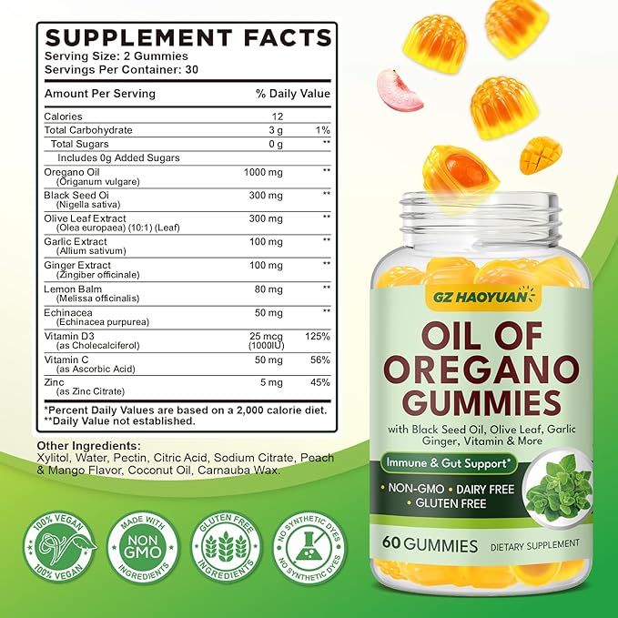Oil of Oregano Gummies with Black Seed Oil + Vitamin D3, Oregano Oil Organic High Carvacrol, Immune & Digestive Support, Antioxidant Support, Peach & Mango Flavor, 60 Gummies