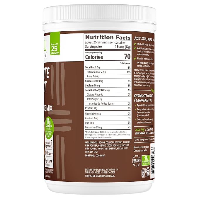 Primal Kitchen Chocolate Collagen Fuel® Drink Mix, Chocolate Coconut Collagen Peptides, No Dairy or Artificial Sweeteners, 15 Ounces