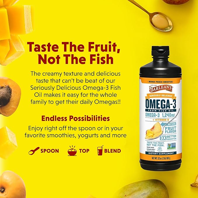 Barlean's Omega 3 Fish Oil Liquid Supplement with Vitamin D for Men and Women, 1080mg of EPA and DHA Fatty Acid, Promotes Brain & Heart Health - Non-GMO, Mango Peach, 32 oz
