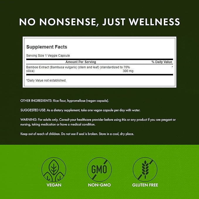 Swanson Bamboo Extract - Natural Hair, Skin and Nails Supplement - 70% Silica Content Supporting Collagen Formation & Bone Growth - (60 Veggie Capsules, 300mg Each) (3 Pack)