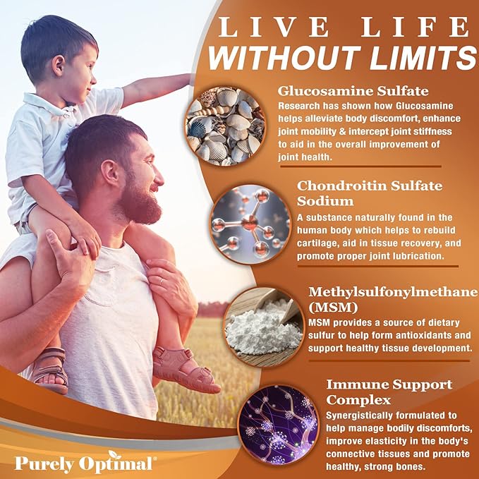 Purely Optimal Glucosamine Chondroitin MSM Supplement w/Turmeric & Boswellia - Glucosamine Sulfate Joint Supplement for Men & Women - 120 Tablets