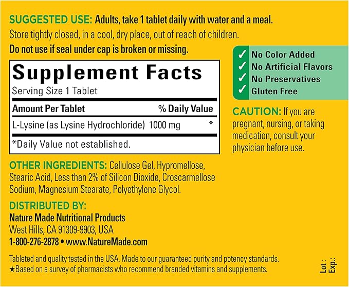 Nature Made L-Lysine 1000 mg, Dietary L-Lysine Supplements, 60 Tablets, 60 Day Supply