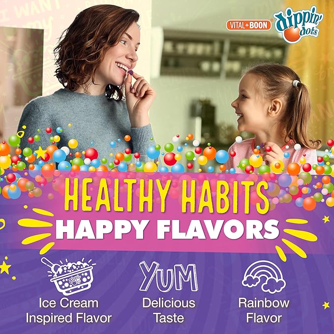 Dippin' Dots - Multivitamin Gummies for Kids Rainbow Fruit Flavor Complete Multivitamin Chewy Gummies Vitamin A, B, C, D3, E, B6, Zinc - 60 Count