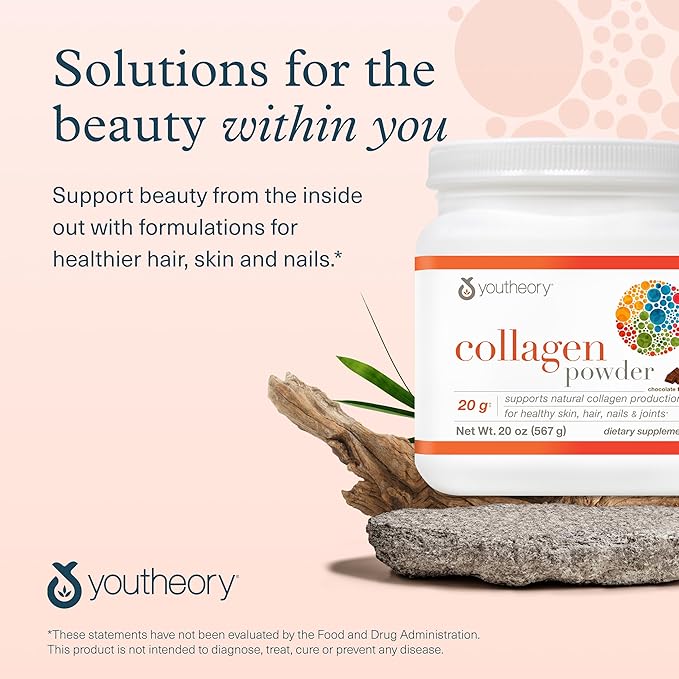 Youtheory Collagen Powder - 20 g Hydrolyzed Collagen Peptides - with Vitamin C, Biotin & Amino Acids - Supports Joint & Bone Health* - Chocolate - 20 oz (21-Day Supply)
