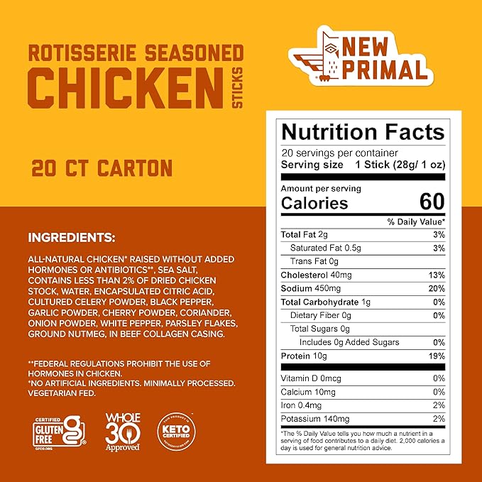 New Primal Rotisserie Chicken Sticks, Zero Sugar High Protein Snack, Gluten Free Whole30 Healthy Snacks, Keto and Paleo Friendly, Jerky Meat Stick, 10g Protein, 80 Ct
