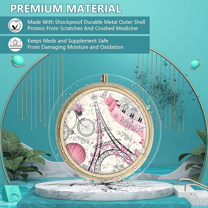 Pill Case Pill Box with Mirror Retro Small Pill Case for Purse or Pocket Bronze Pill Box or Vitamins, Fish Oil, Supplements, Pill Containe Travel Gifts（2PCS）