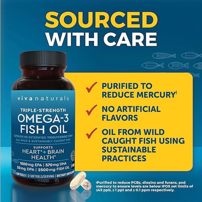 Viva Naturals Omega 3 Fish Oil Supplement for Women and Men - 2500 mg Triple Strength Fish Oil Pills with Re-Esterified Omega 3 Fatty Acids Including EPA, DHA DPA - 120 Pescatarian-Friendly Softgels