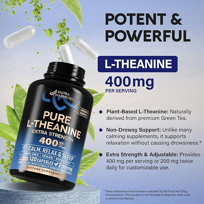 L Theanine 400 mg | L-Theanine Stress Relief | Extra Strength Supplement | Made in USA | Relaxation, Sleep & Calm Support | For Men & Women | Plant Based, Non-GMO & Gluten-Free | 120 Vegan Capsules