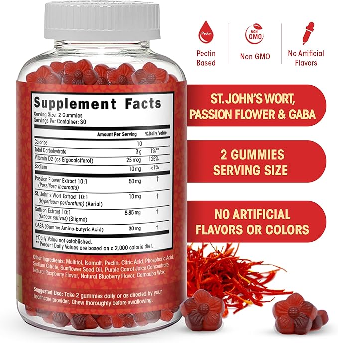 Saffron Extract Gummies-Sugar Free Saffron Supplement Enhanced with GABA, Saint John's Wort, Passion Flower- Saffron Supplements for Kids, Women, Men. Focus and Mood Support. 60 Saffron Gummies