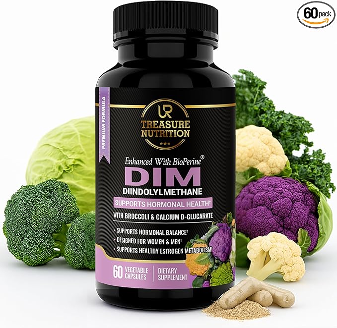 DIM Supplement with Broccoli Extract and BioPerine - Natural Hormone Balance Support for Women and Men - Estrogen Balance - Menopause, Acne - 60 Vegetarian Capsules with Calcium D-Glucarate