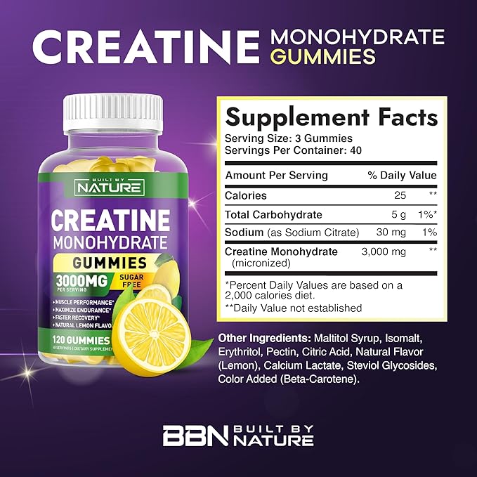 Built by Nature Sugar Free Creatine Monohydrate Gummy for Men and Women – Muscle Strength & Energy Boost Pre Workout - Natural Lemon Flavor - 120 Gummies