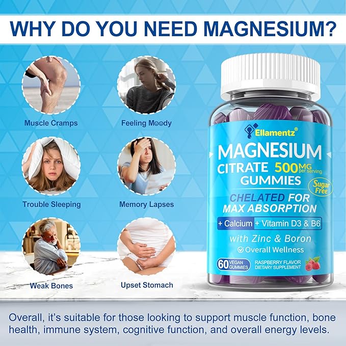 Magnesium Citrate Gummies 500mg for Women Men Sugar Free, Magnesium Citrate for Constipation & Bloated | Chelated Magnesium Supplement w/ B6 for Mood, Calm | Calcium Magnesium for Bone & Muscle,120cts