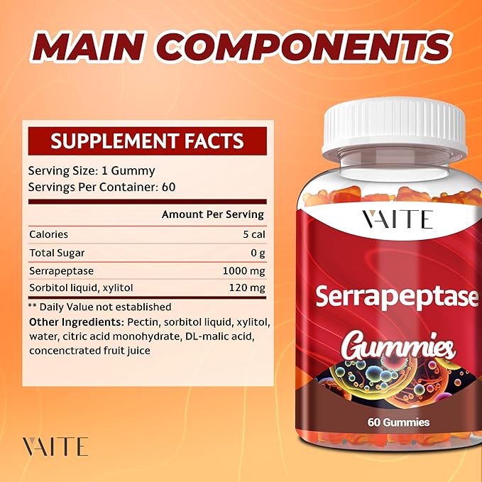 Serrapeptase Supplement 120,000 SPU – High Potency Proteolytic Enzyme, Non-GMO, Vegan, Gluten-Free, Supports Enzyme Activity & Digestion, Easy to Digest, 60 Gummies for Comfort & Support