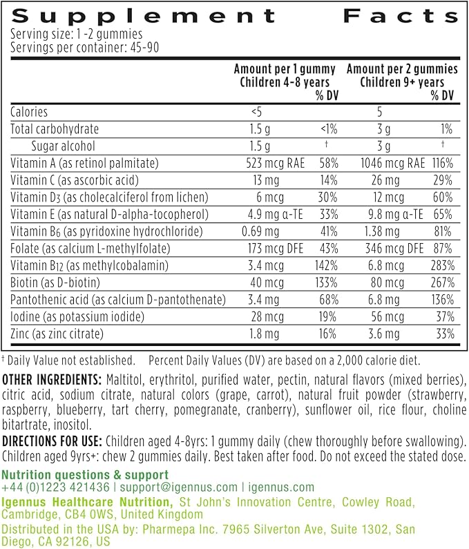 Igennus Methylated Kids Multivitamin Gummies, Clean Label & Third Party Tested, No Artificial Sweeteners or Flavors, Sugar Free, Age 4+, 90 Natural Berry Flavor from Fruit Powder, Non-GMO, Halal