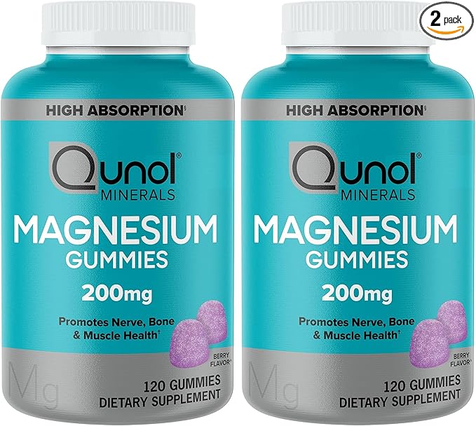 Qunol Magnesium Gummies for Adults, 200mg Elemental Mg (from 1,750mg Magnesium-Citrate),High Absorption Mg-Supplement,Supports Nerve,Bone & Muscle Health,Vegetarian,120 Count(Pack of 2)