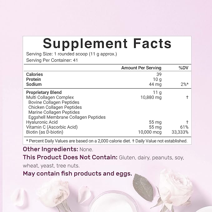 Multi Collagen Protein Powder,1Lb - Type I, II, III, V, X Collagen Peptides with Biotin 10000mcg, Vitamin C & Hyaluronic Acid - Unflavored - Keto & Paleo Friendly, Great for Hair, Skin, Nails & Joints