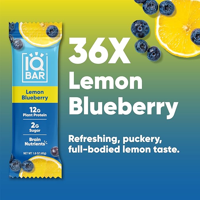 IQBAR Clean Plant Protein Bars - Lemon Blueberry - 36 Count - Keto, Vegan, High Fiber, Gluten and Dairy Free, Low Sugar Snack - Brain and Body Nutrients for Focus, Energy, Meal Replacement