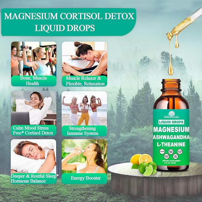 2 Pack Cortisol Supplement w. Magnesium L Theanine Ksm-66 Ashwagandha Vitamin K2 B6 D 3 Supplement, Liquid Magnesium for Cortisol Reduce Detox Manager, Calm Relaxation & Balanced Hormone