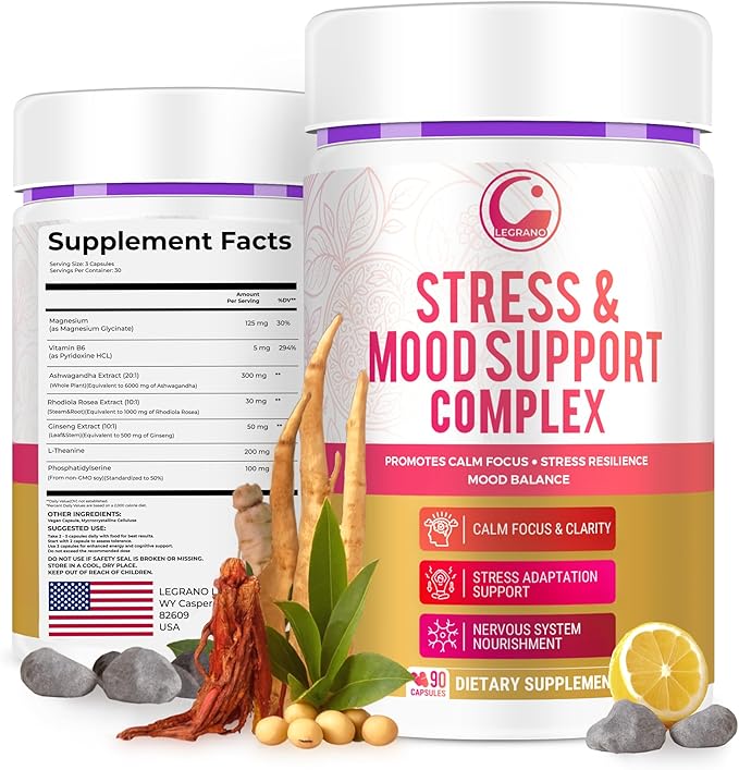 LEGRANO Cortisol Manager Supplements for Women & Men with Ashwagandha, L-Theanine, Magnesium Glycinate, Rhodiola, Ginseng – Cortisol Reducer & Adrenal Support – 90 Capsules – Calm, Focus, Balance
