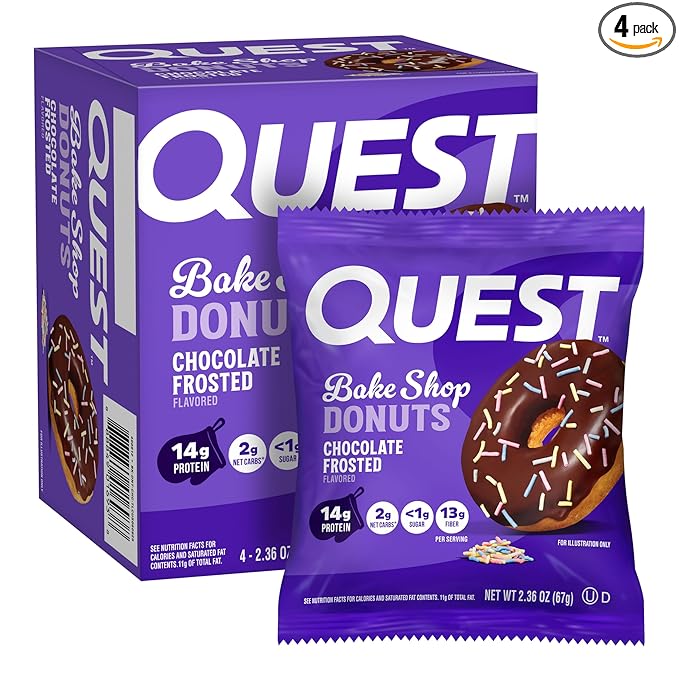Quest Nutrition Bake Shop, Chocolate Frosted Donuts, 14g Protein, Less than 1g Sugar, Protein Snack, Low Sugar, 4 Count