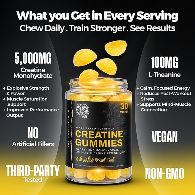 Creatine Monohydrate Gummies for Men and Women, 5g Creatine + L-Theanine for Muscle Growth, Strength, Focus, & Energy, Vegan, Non GMO, Gluten Free (120 Count, 30 Servings)