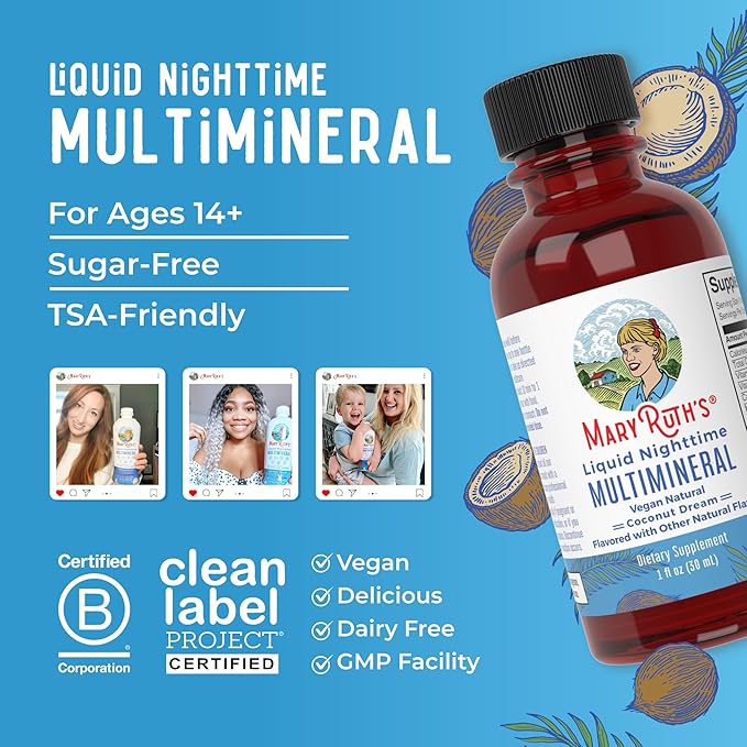 MaryRuth's Liquid Nighttime Multimineral Travel Pack | NO Melatonin | Bedtime Routine | Magnesium Citrate | Calcium | Zinc | Vitamin D3 | Vegan | Sugar Free | Gluten Free | 1 Oz | 8 Servings