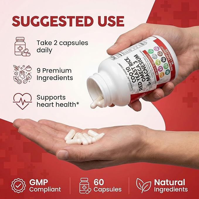 Clean Nutraceuticals COQ10 200mg Red Yeast Rice Omega 3 Magnesium Complex 500mg Niacin Zinc Vitamin K2 D3 - Heart Support Vitamins for Women & Men w/Vitamin B3, Coenzyme Q10-60 Ct
