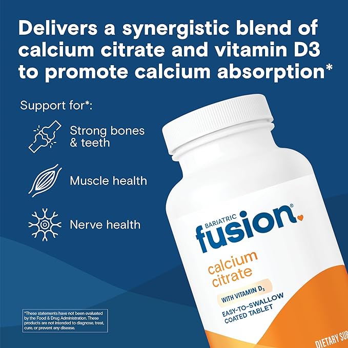 Bariatric Fusion Non Chewable Calcium Citrate with Vitamin D3 Tablet | Easy to Swallow 600 mg Calcium Supplement with Vitamin D to Increase Absorption* | 180 Tablets