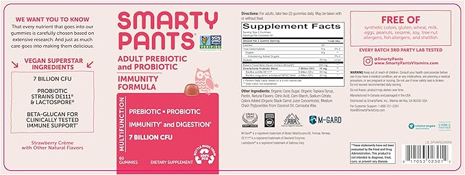 SmartyPants Adult Probiotic & Prebiotic Gummies for Digestive Health: Gut Health Supplement, Clinically Studied Prebiotic for Immune Support, Strawberry, 60 Count (30 Day Supply) (Pack of 2)