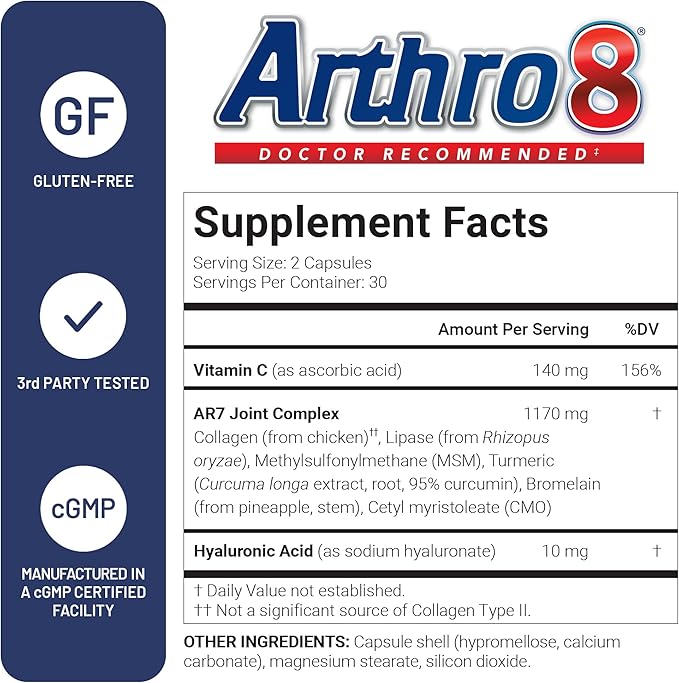 U.S. Doctors’ Clinical Arthro8 - Doctor-Formulated Joint Supplement + Hyaluronic Acid + Turmeric & Collagen for Flexibility, Mobility, & Strong Cartilage - 60 Capsules - 15/30-Day Supply