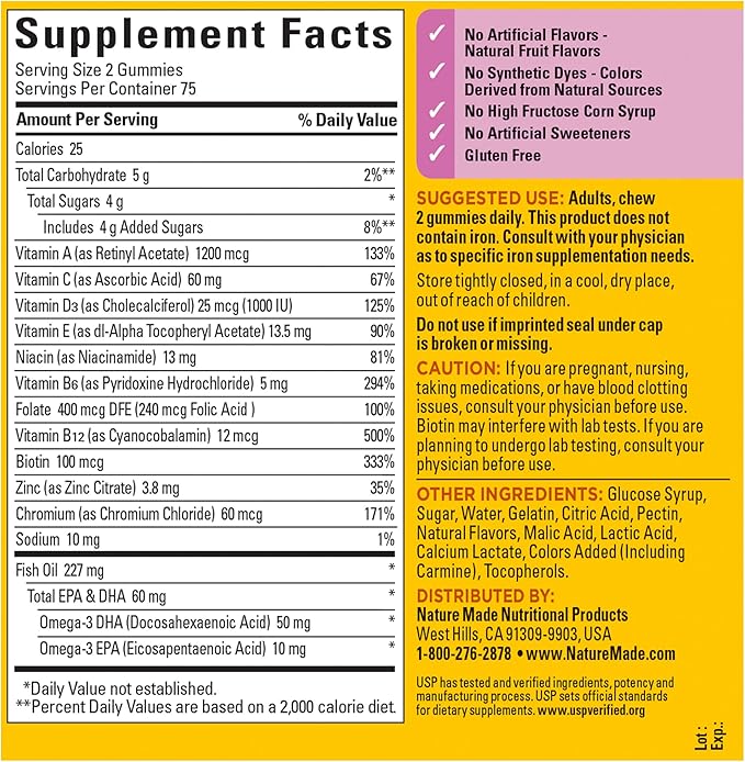 Nature Made Womens Gummy Multivitamins with Omega-3, Multivitamin for Women for Daily Nutritional Support, 150 Gummies, 75 Day Supply