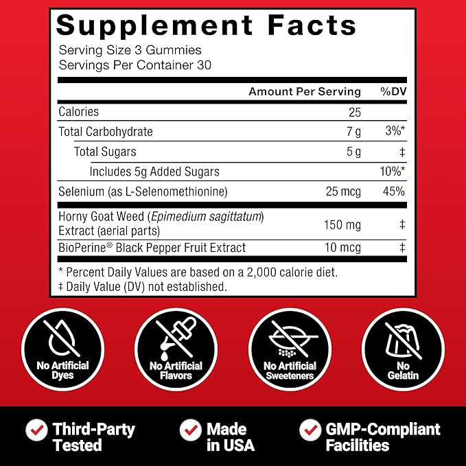 Force Factor Horny Goat Weed Gummies for Men, Natural Male Drive & Vitality Supplement with Ingredients for Superior Absorption, Delicious Passion Berry Flavor, Black, 90 Count