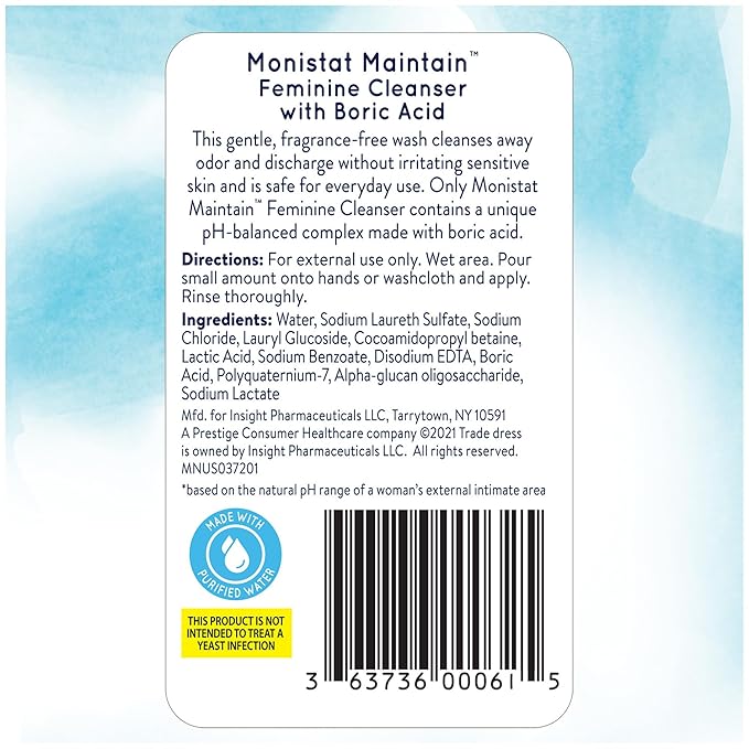 Monistat Boric Acid Feminine Wash, Fragrance-Free Intimate Wash for Women with Gentle pH-Balanced Formula, 16 Fl Oz (Pack of 2)