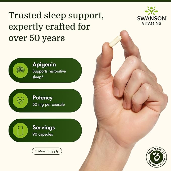 Swanson Apigenin Bioflavonoid Supplement for Adults Seeking Natural Sleep, Relaxation, and Stress Relief Support - 50 mg (90 Vegan Capsules)