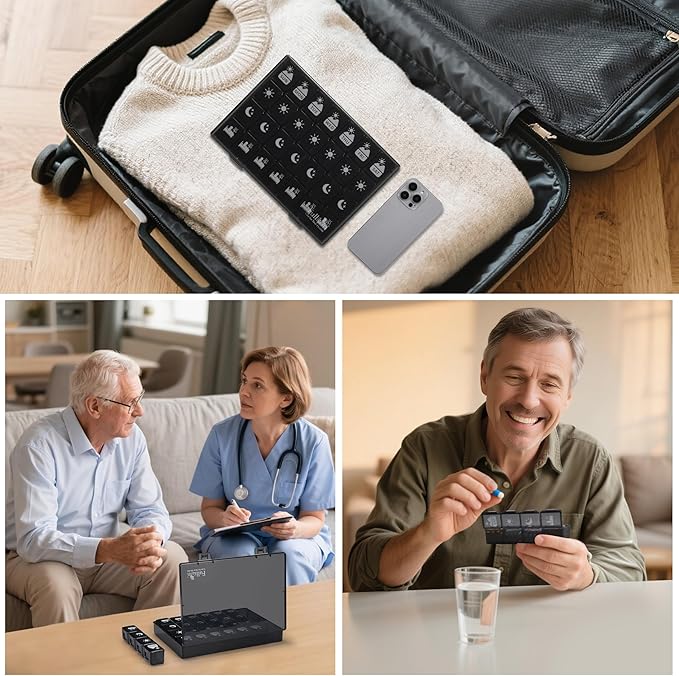Fullicon Extra Large Weekly Pill Organizer 4 Times a Day, XL Large Pill Box, 7 Day Medicine Organizer, Pill case for Vitamin/Fish Oil/Supplements (Black)
